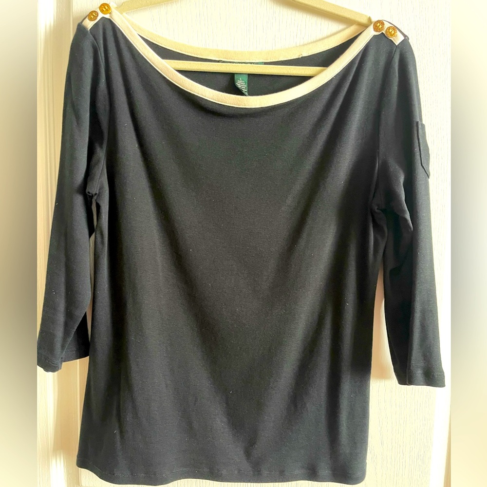 Lauren Ralph Lauren Women's Black/Cream 3/4 Sleeves Gold Button Top size Large
